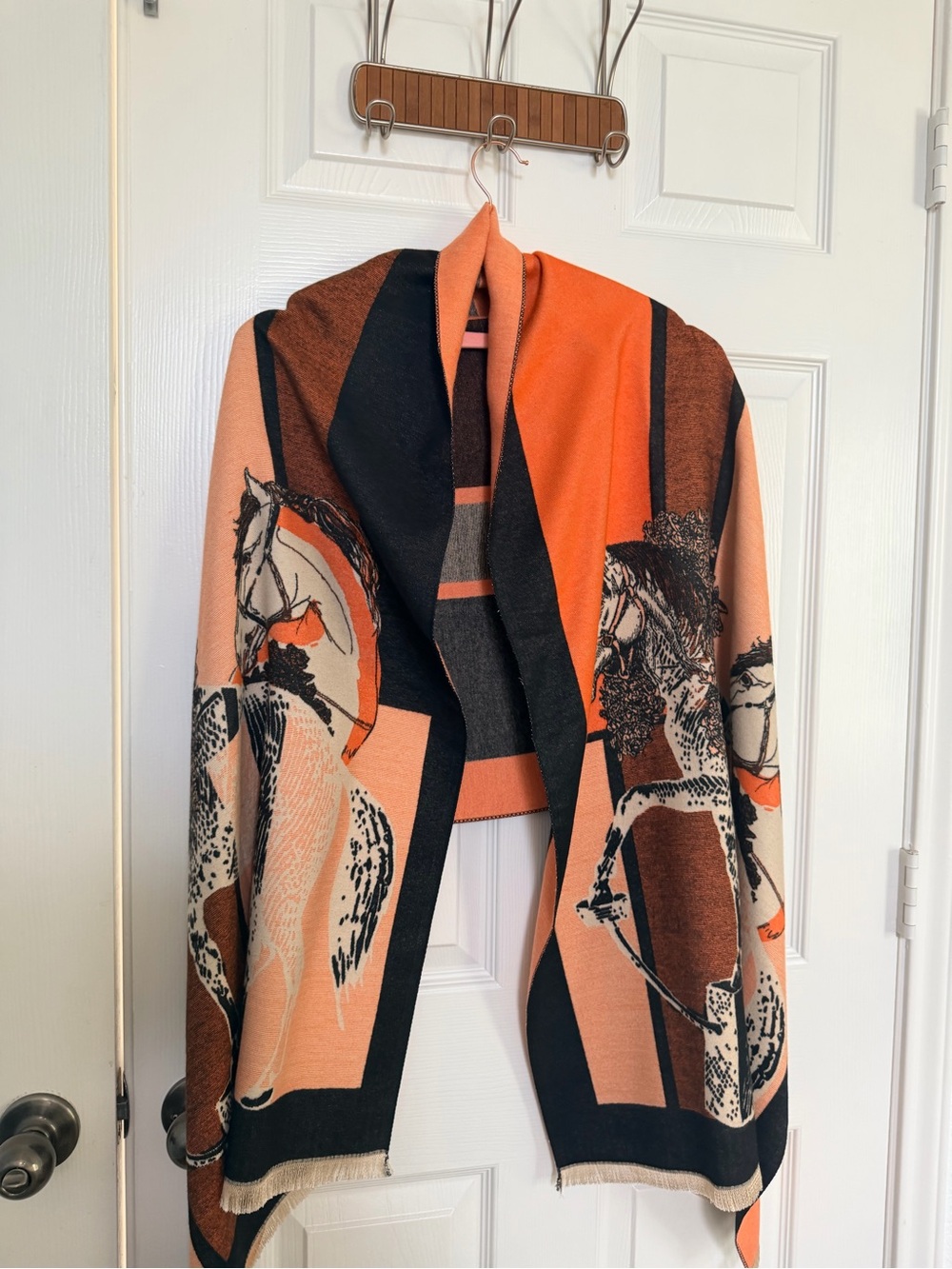 Womens Peach & Black Horse Print Open Front Coatigan - Cashmere